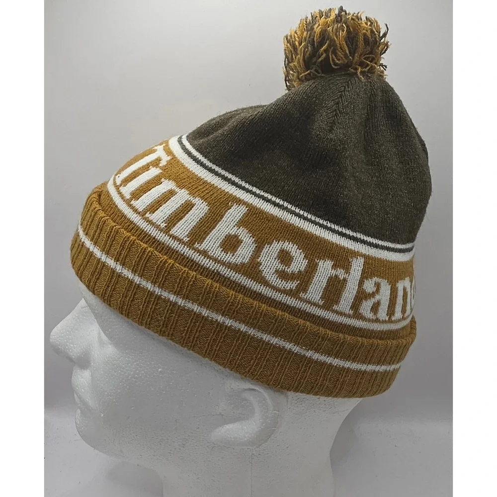 Timberland Brown Wheat Logo Knit Pom Beanie Hat‎ Youth OSFM